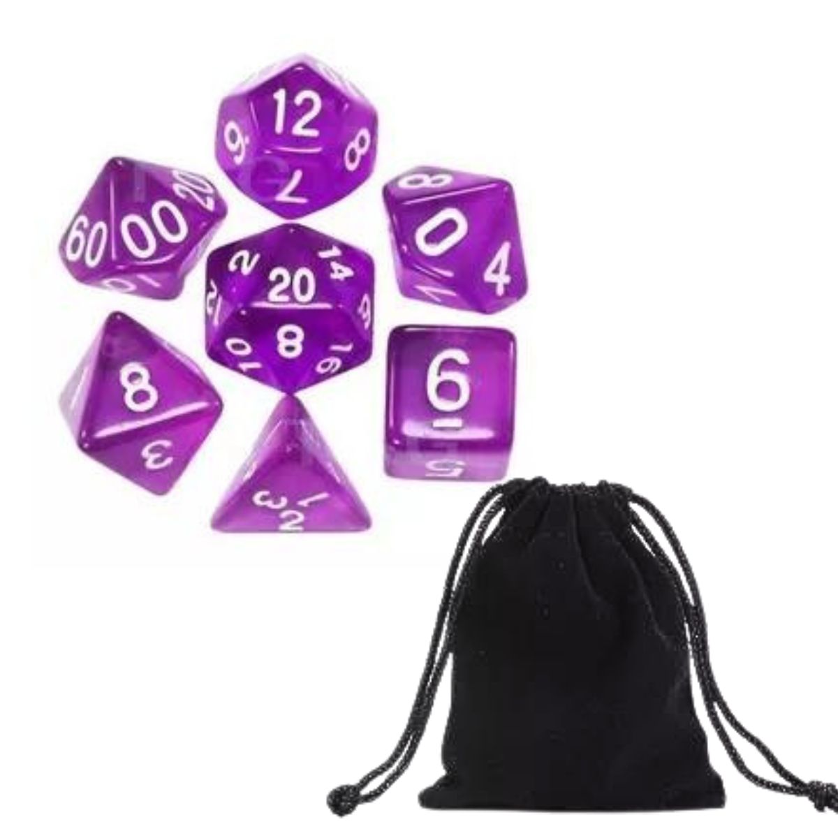 Conjunto de Dados para Rpg Lilás Translucido com N° Branco Conjunto de Dados para Rpg Lilás Translucido com N° Branco